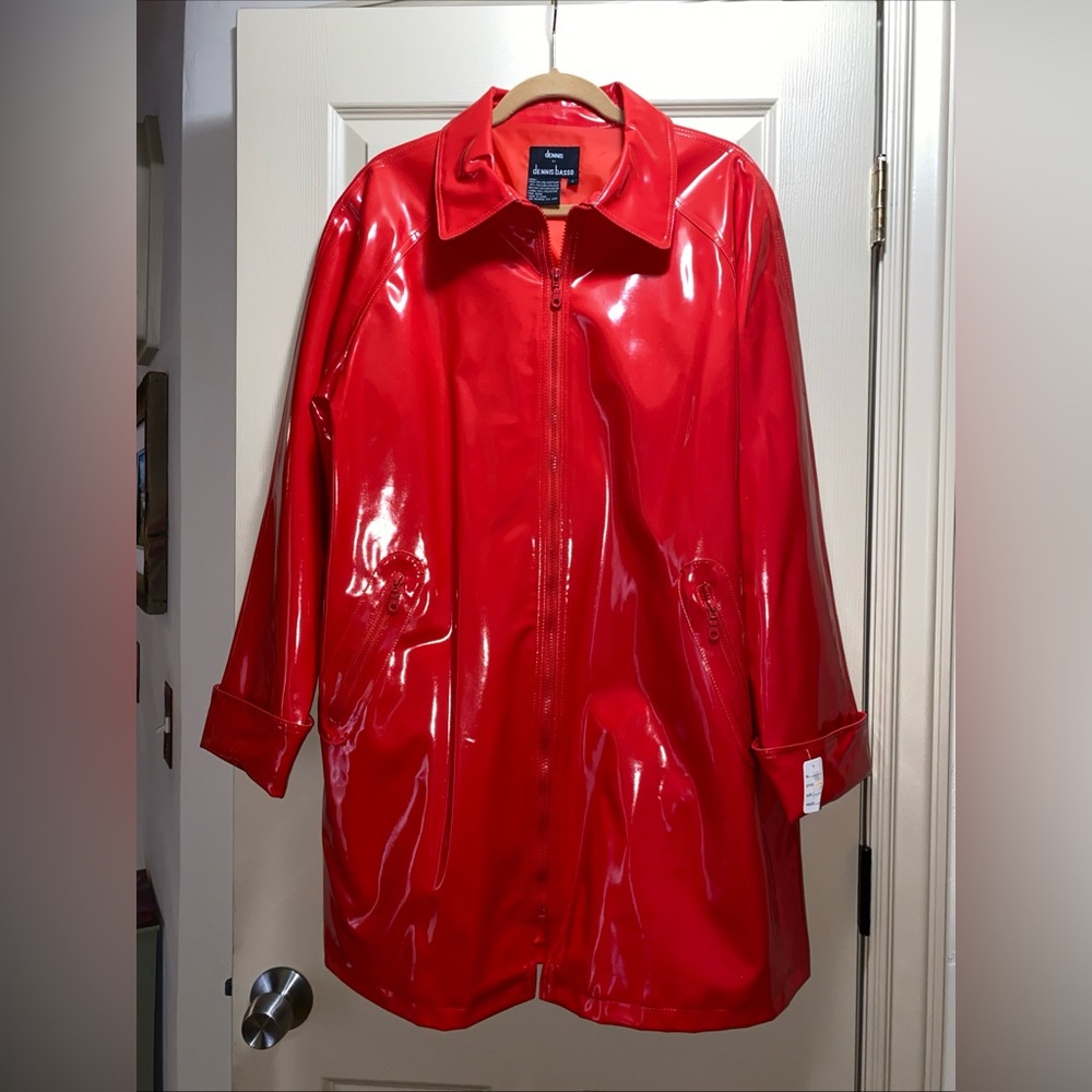 dennis basso cool Vtg 1990’s knee length Jacket L Red zipper front & pockets